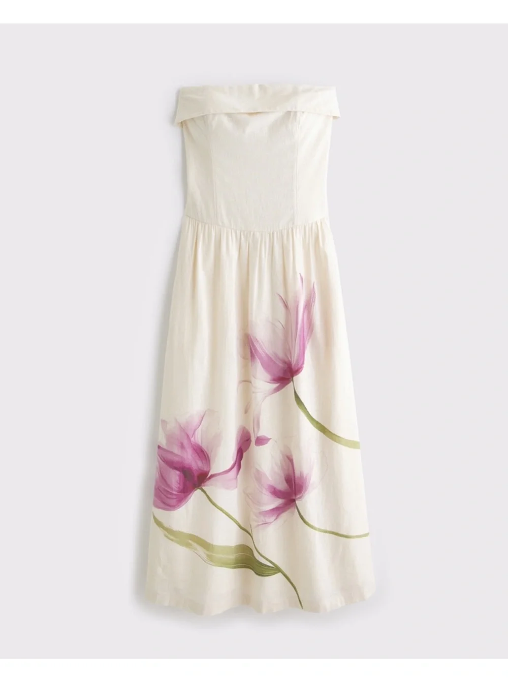 Abercrombie & Fitch Strapless Drop Waist Linen-Blend Cream Maxi Dress